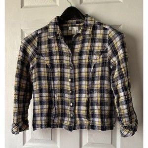 Christopher & Banks Petite Medium Plaid Shirt Jacket Blue Yellow Black